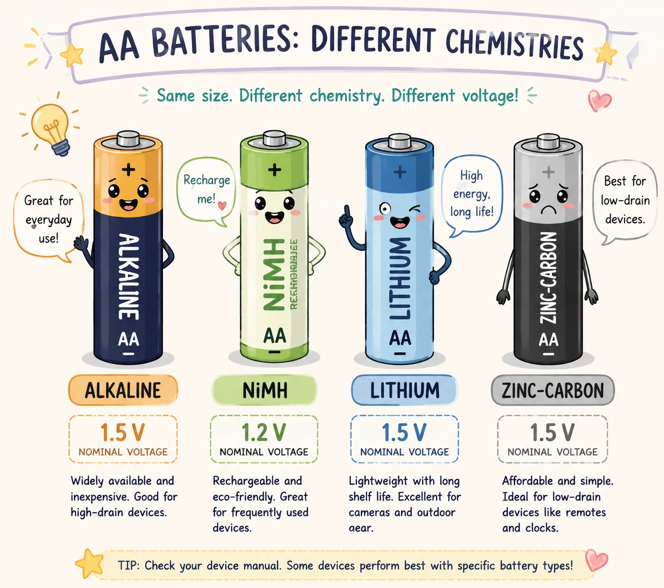 Various types of AA batteries with voltage labels