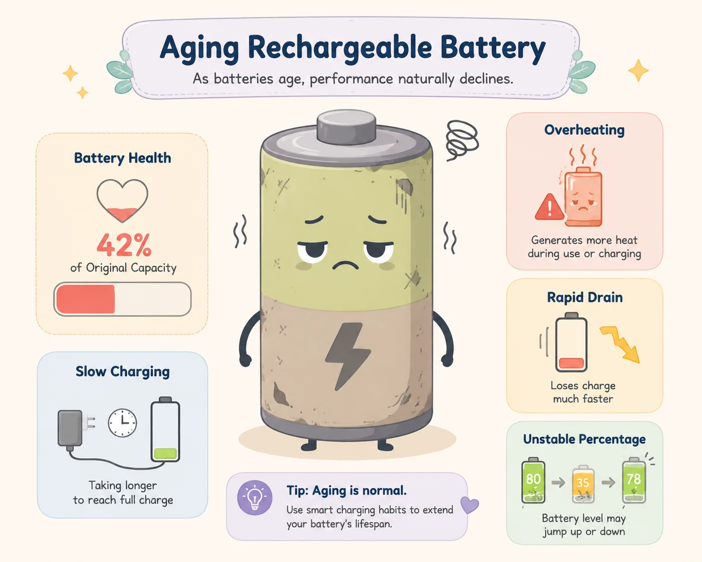 Whimsical 2D illustration of an aging battery showing reduced health and slower charging