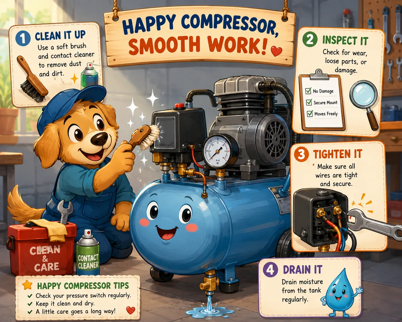 Whimsical illustration of maintaining and inspecting an air compressor pressure switch