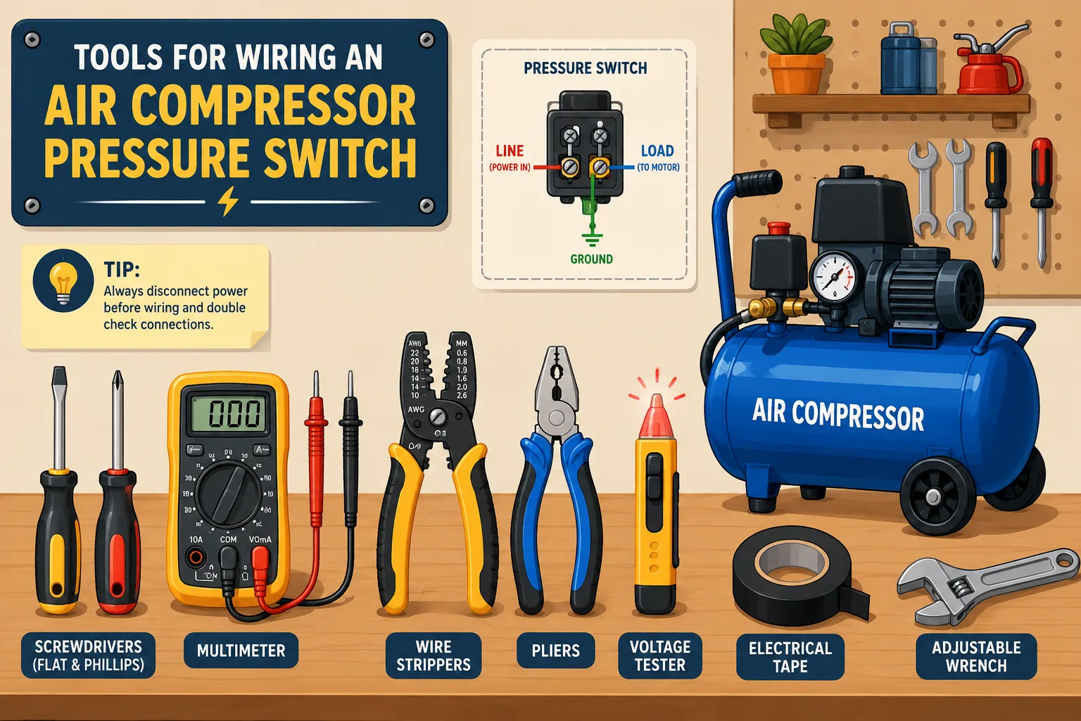 Cartoon illustration of essential tools for wiring an air compressor pressure switch