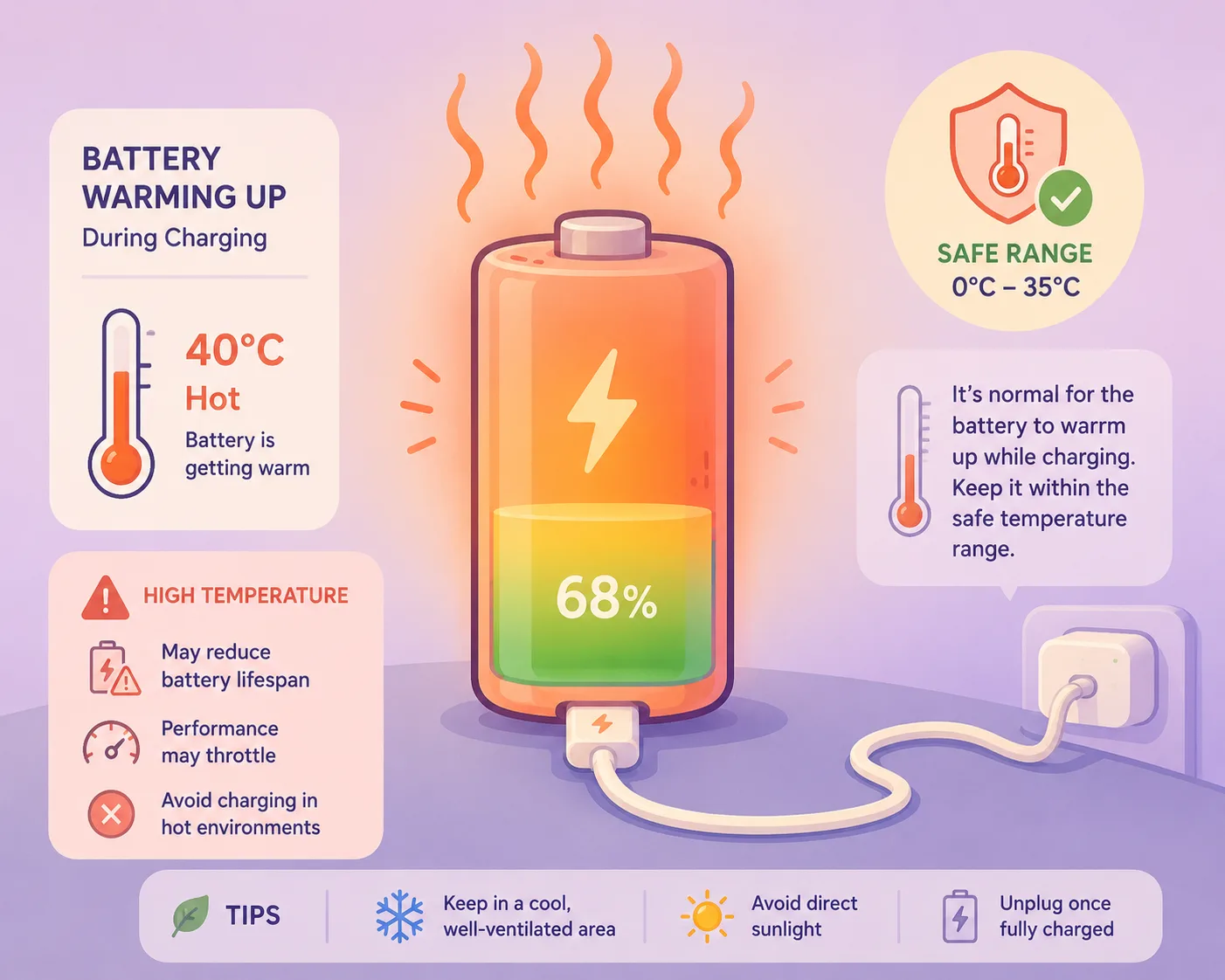 Soft digital illustration of a hot battery with temperature warning symbols during charging