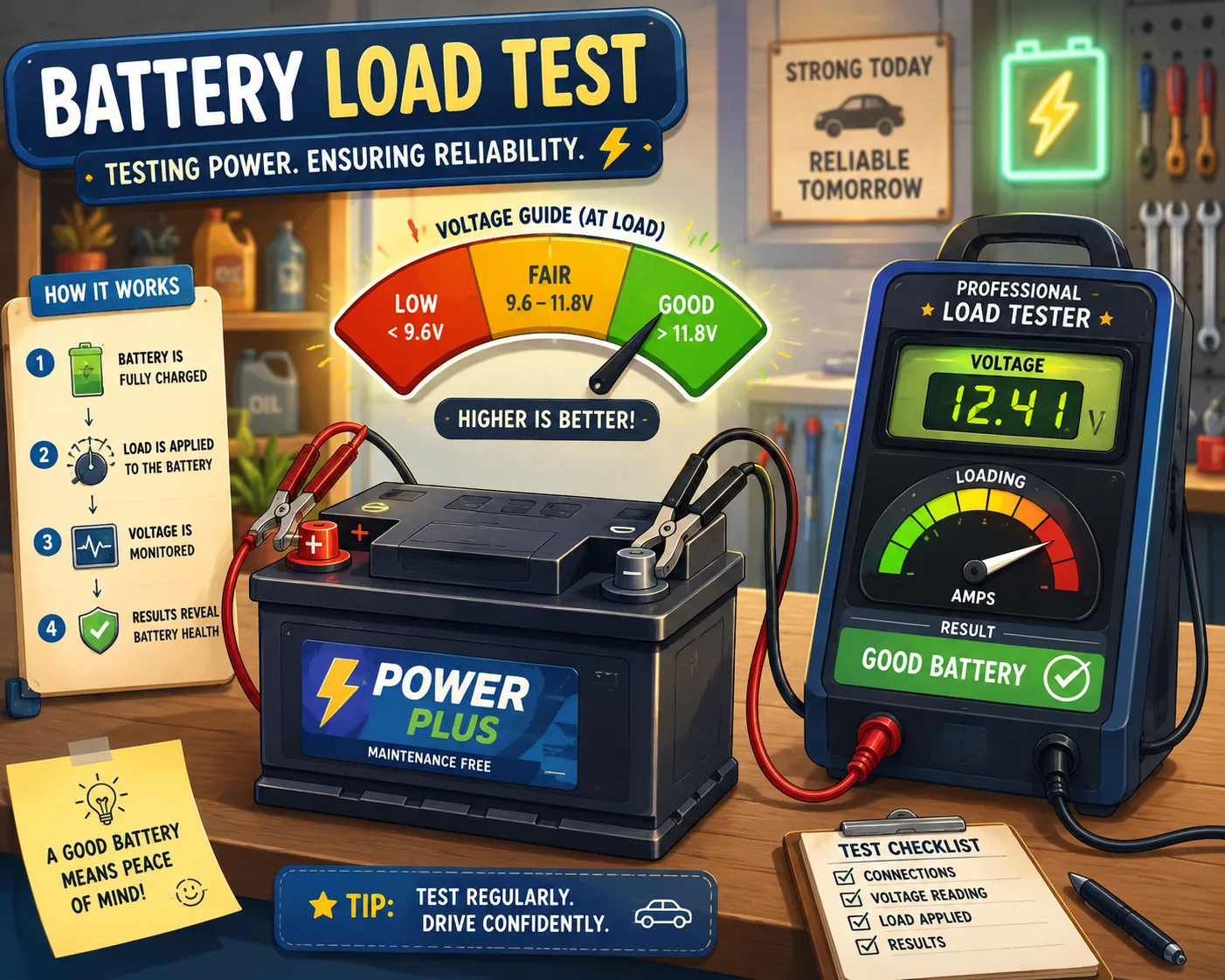 Whimsical illustration of a car battery undergoing a load test with glowing gauges and diagnostic tools