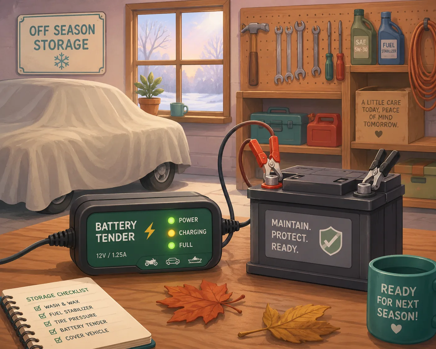 Whimsical illustration of a battery tender maintaining a stored vehicle battery