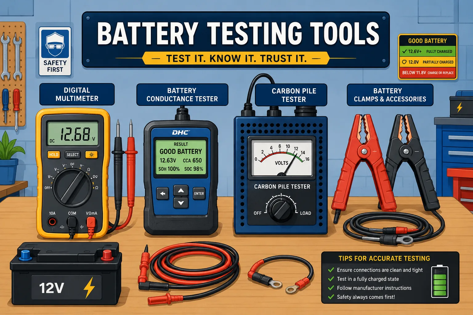 Flat vector illustration of battery testing tools including multimeter, conductance tester, and carbon pile tester in a workshop setting