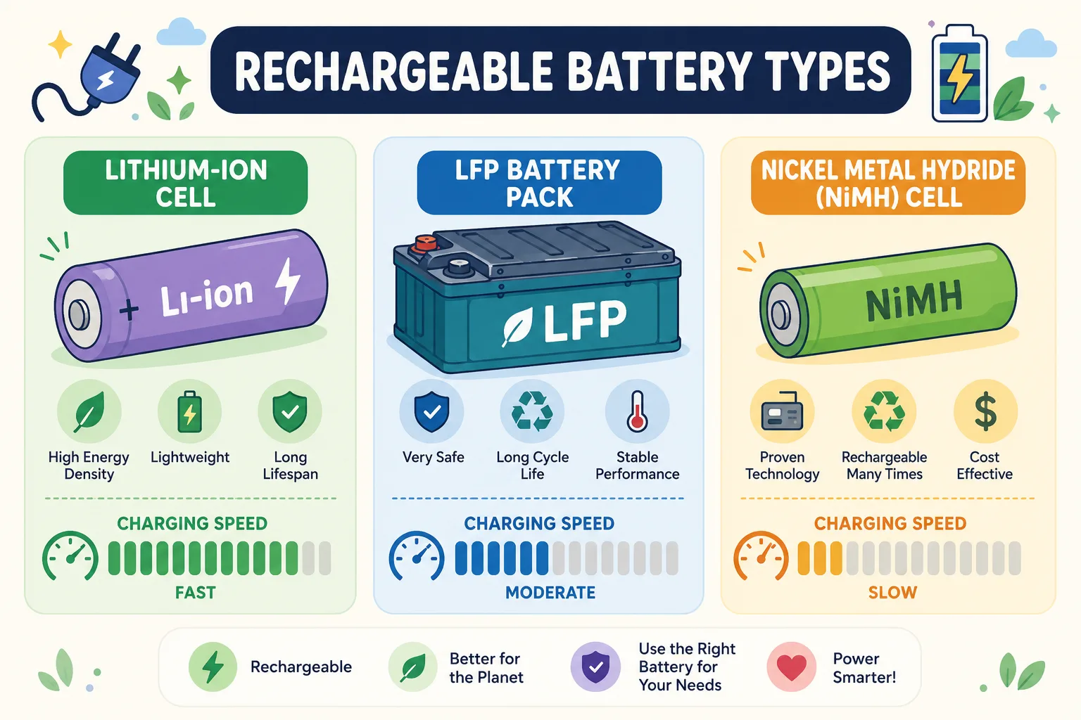 Colorful 2D illustration of different rechargeable battery types and charging speed indicators