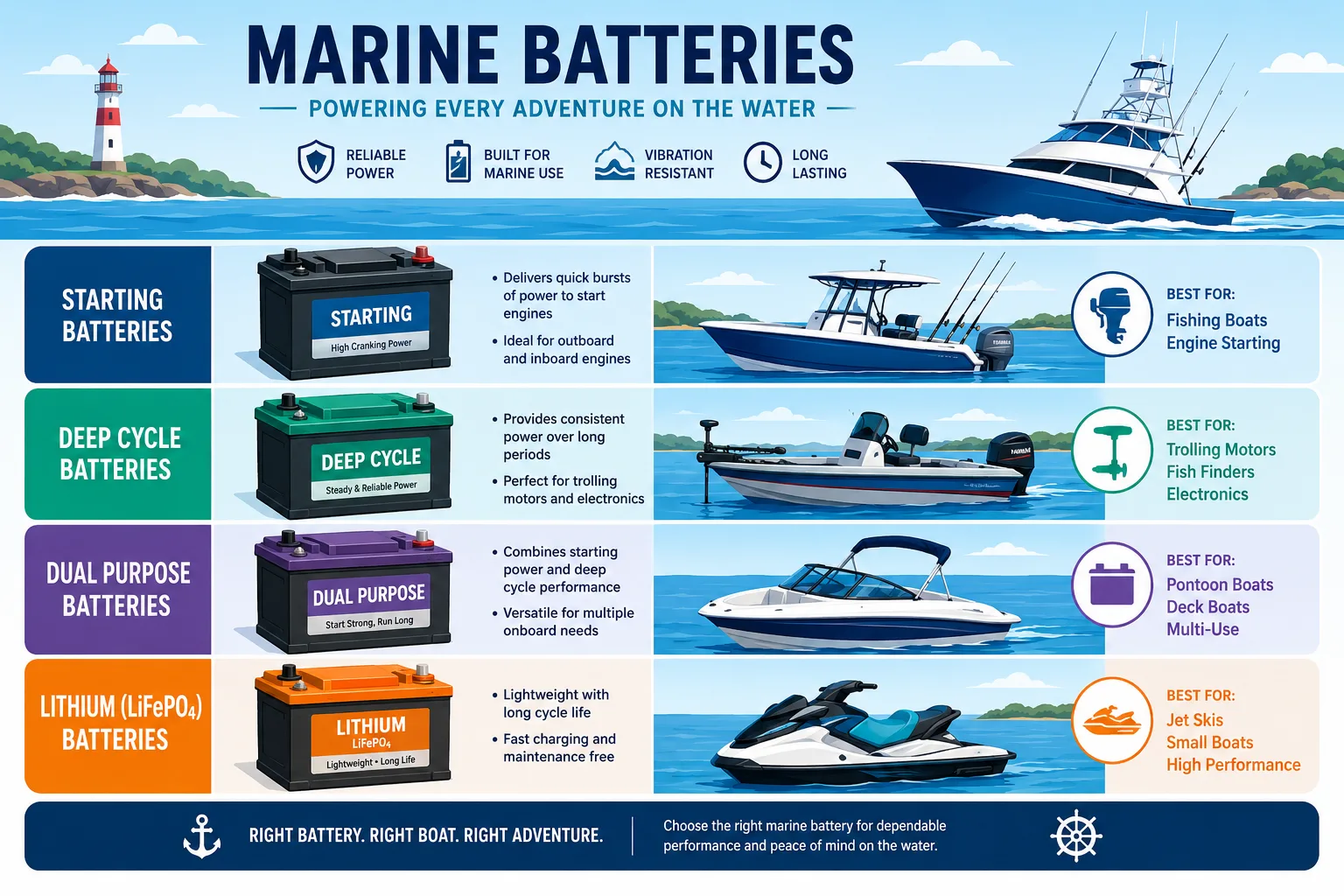 Vector illustration of different marine battery types for boats