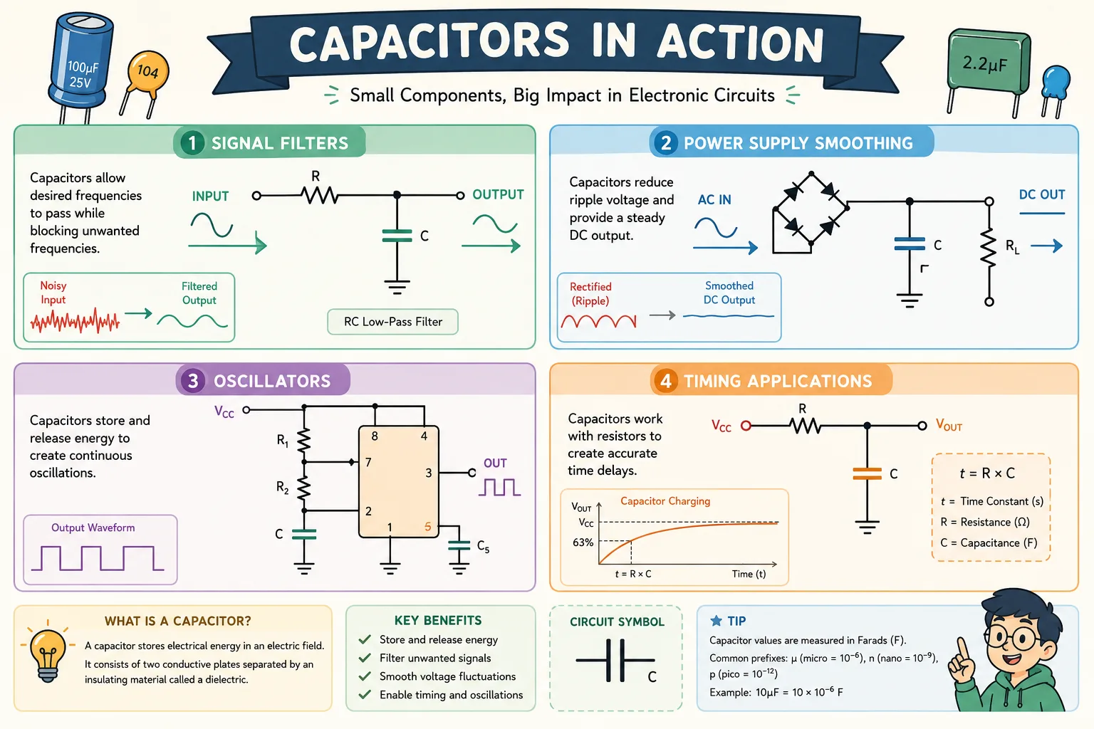 Illustration of capacitors used in filters power supplies and timing circuits