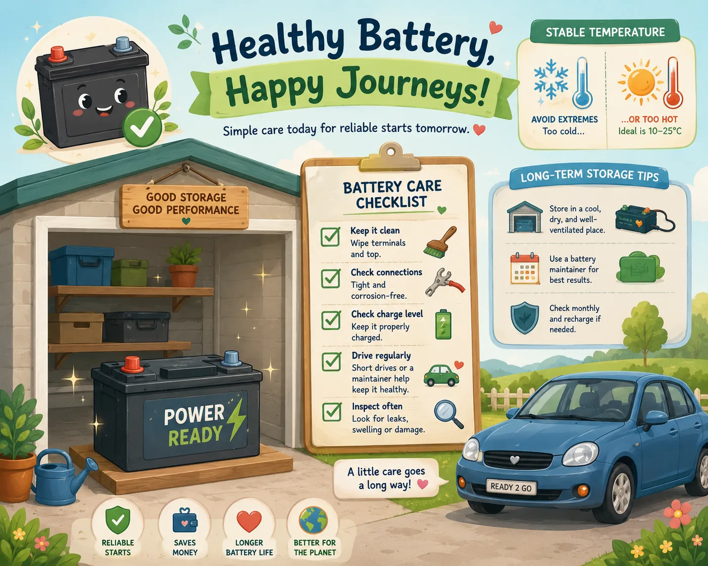 Soft digital illustration of long-term car battery care and storage