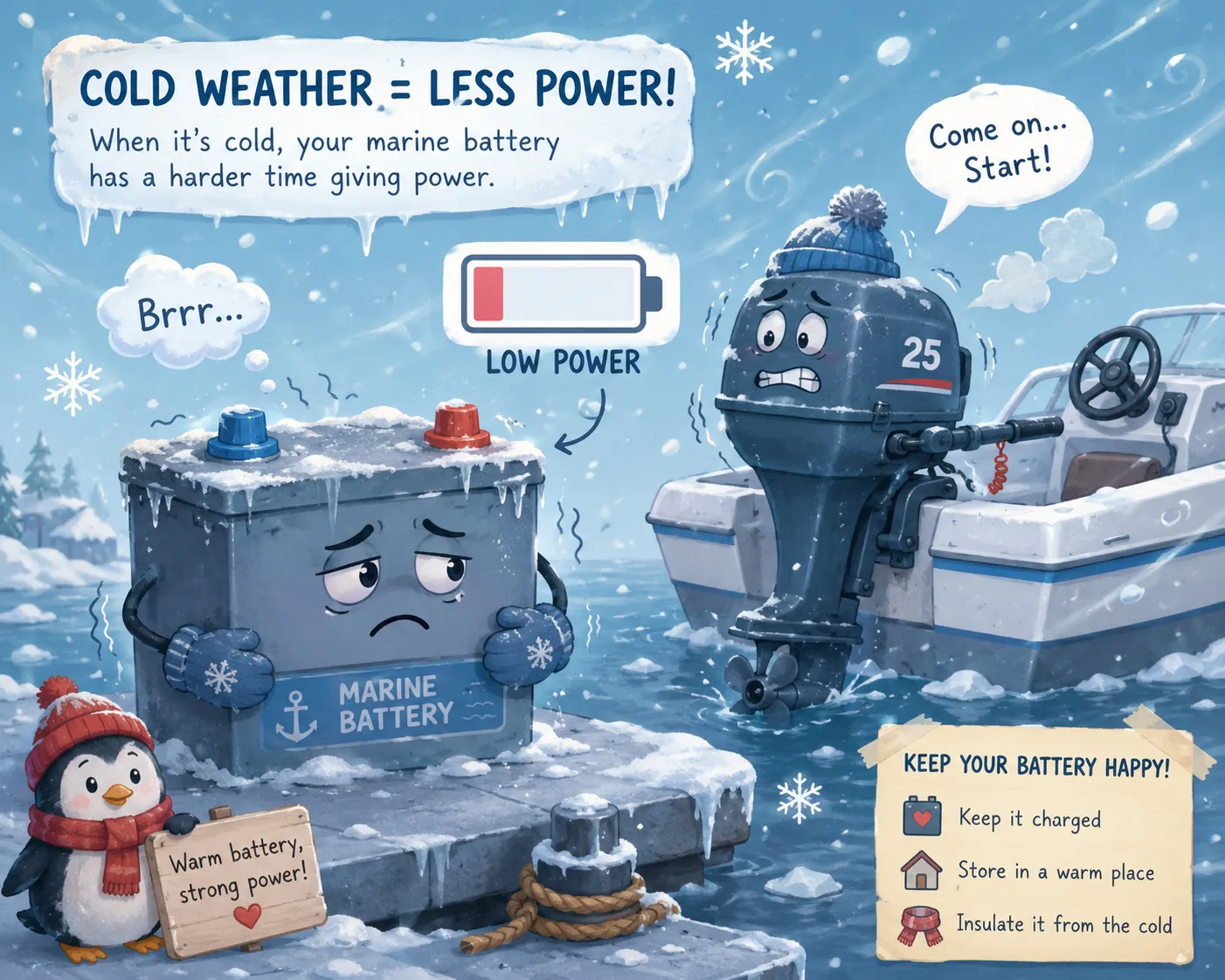 Cartoon style marine battery struggling in cold weather conditions
