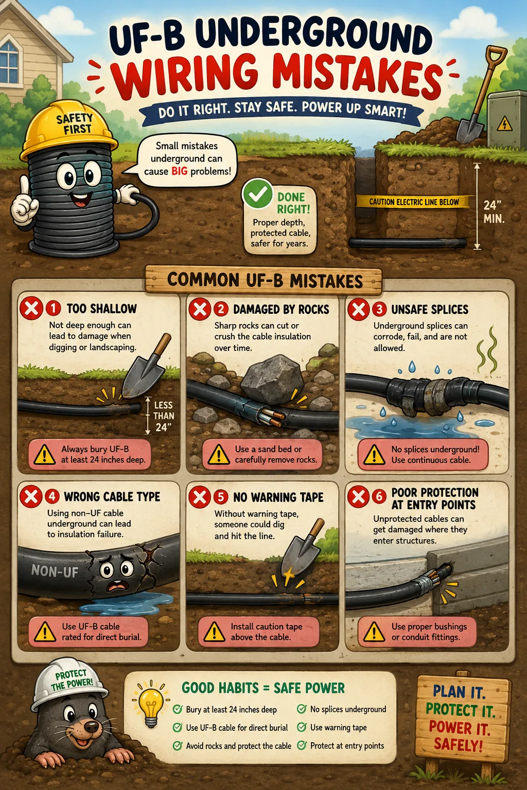 Whimsical illustration showing common UF-B underground wiring mistakes and unsafe installation examples
