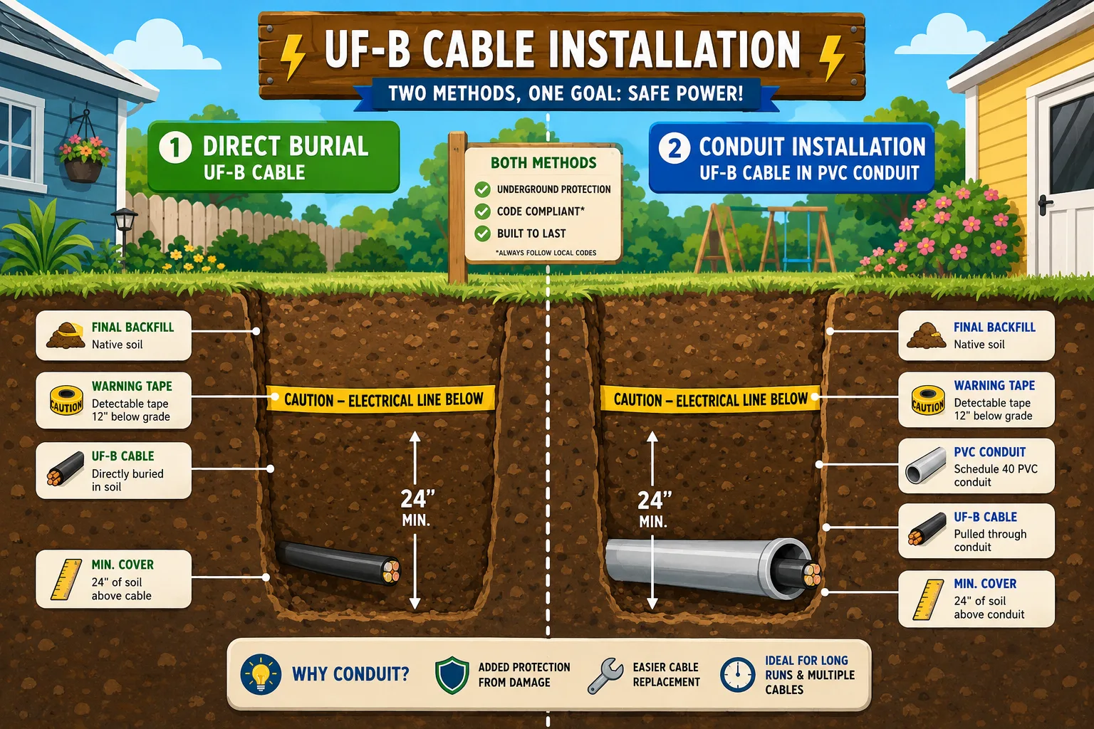 Cartoon comparison of direct burial UF-B cable installation versus conduit wiring methods