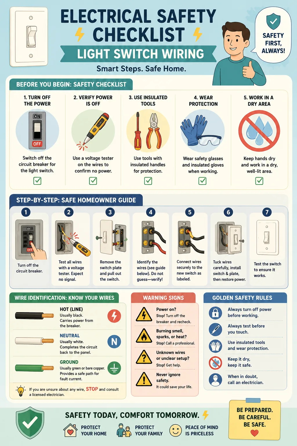 Electrical safety checklist for light switch wiring projects