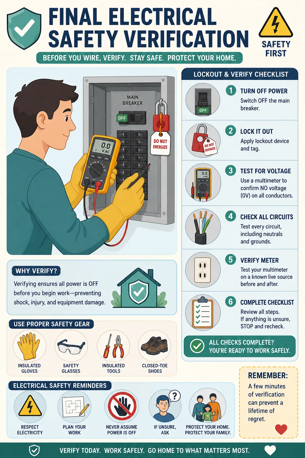 Homeowner performing final electrical safety checks before wiring work