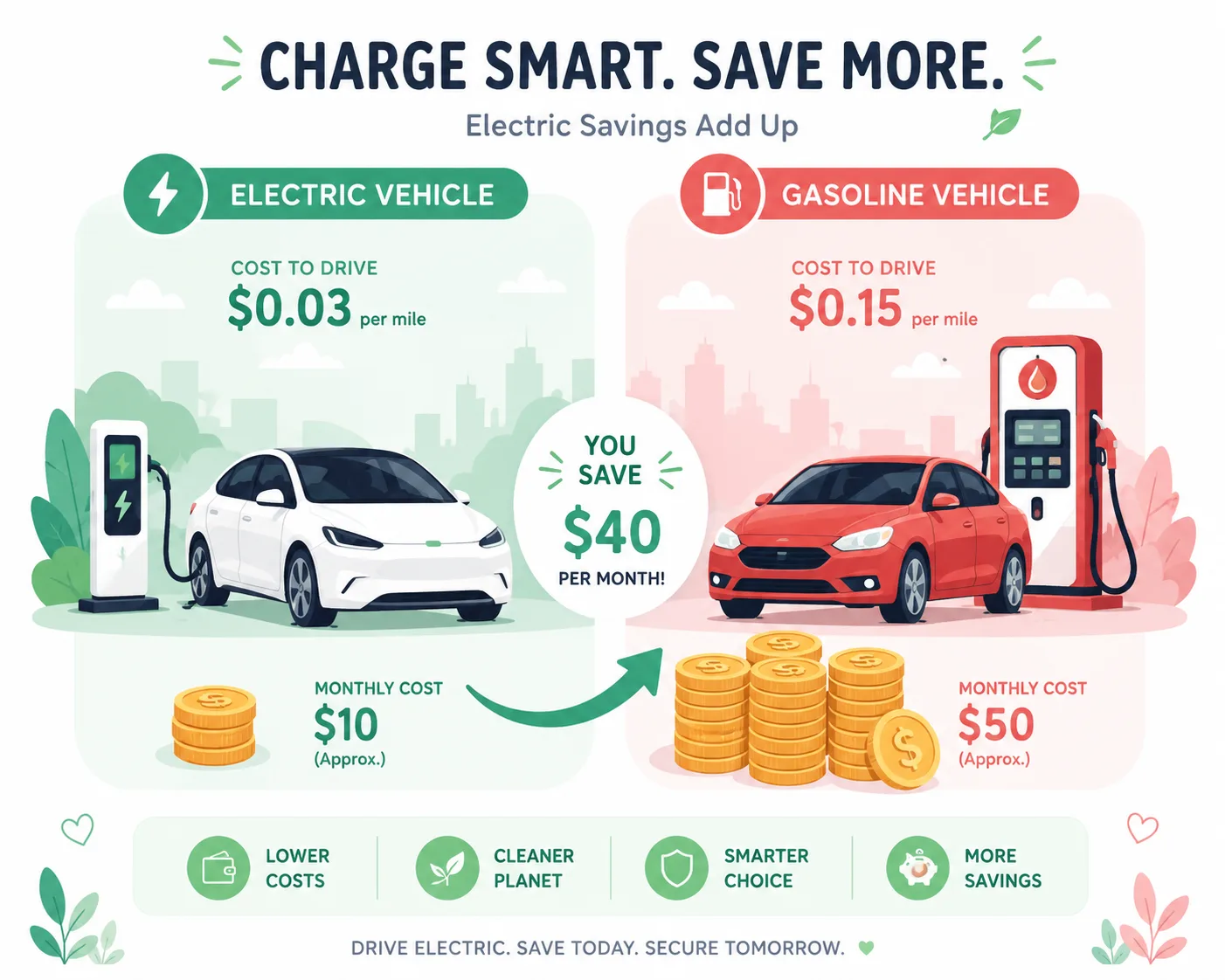 Illustrated comparison of electric vehicle charging costs versus gasoline expenses