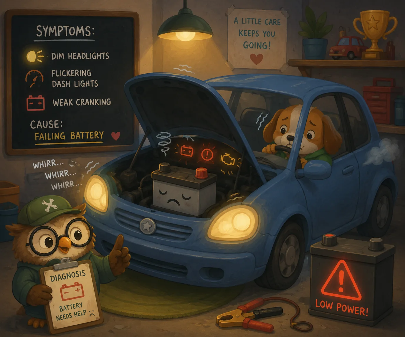 Soft digital painting of a weak car battery causing dim headlights and dashboard flickering during engine startup