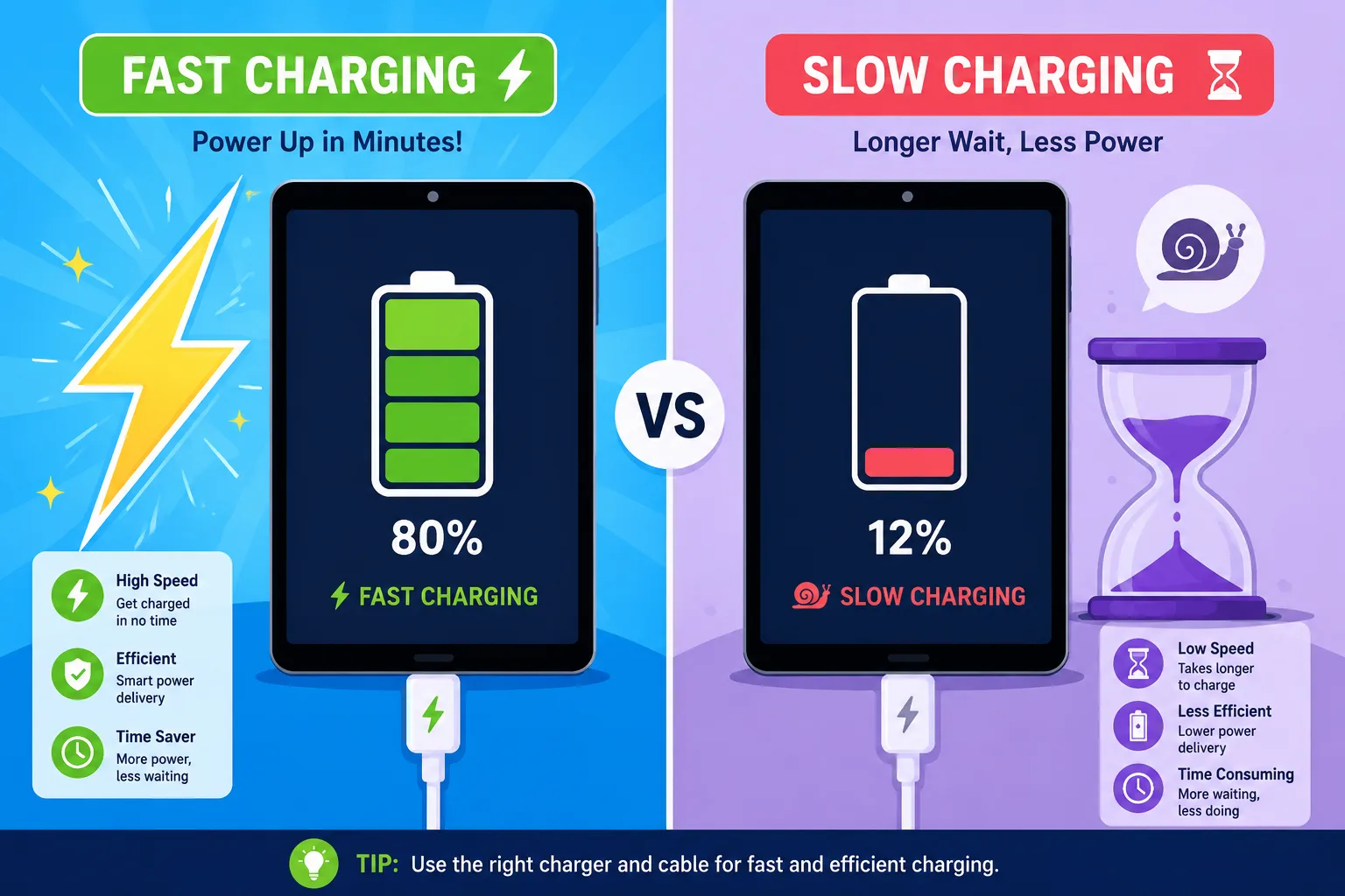 Stylized illustration comparing fast charging and slow charging on a digital device