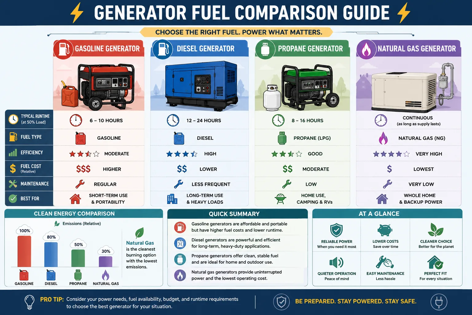 Illustrated comparison of gasoline diesel propane and natural gas generators