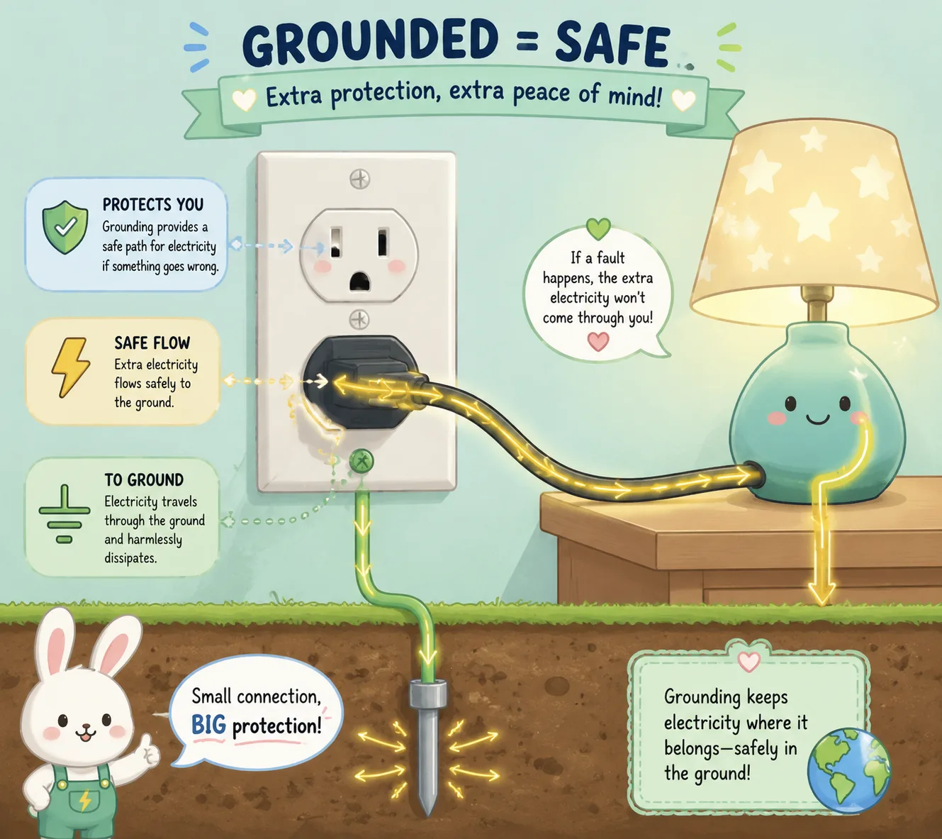 Illustration showing a grounded outlet with safe electrical flow