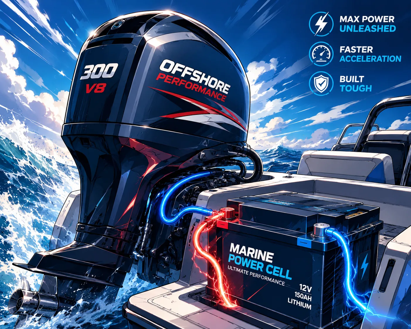 Stylized offshore boat engine powered by strong marine battery