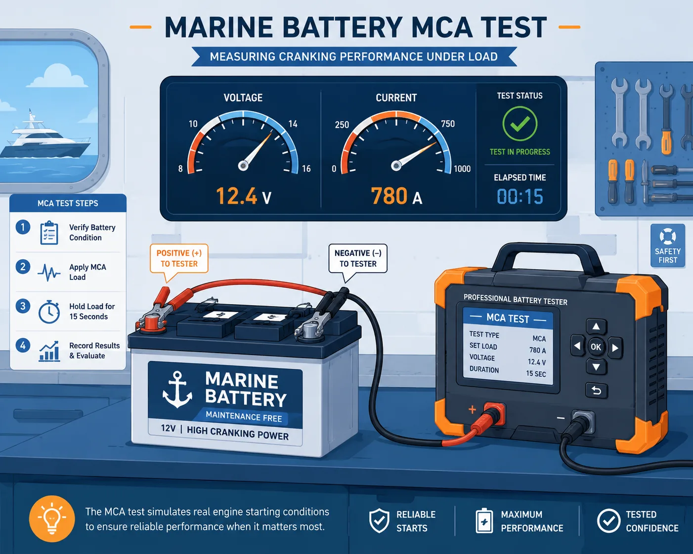 Illustrated marine battery undergoing MCA performance testing