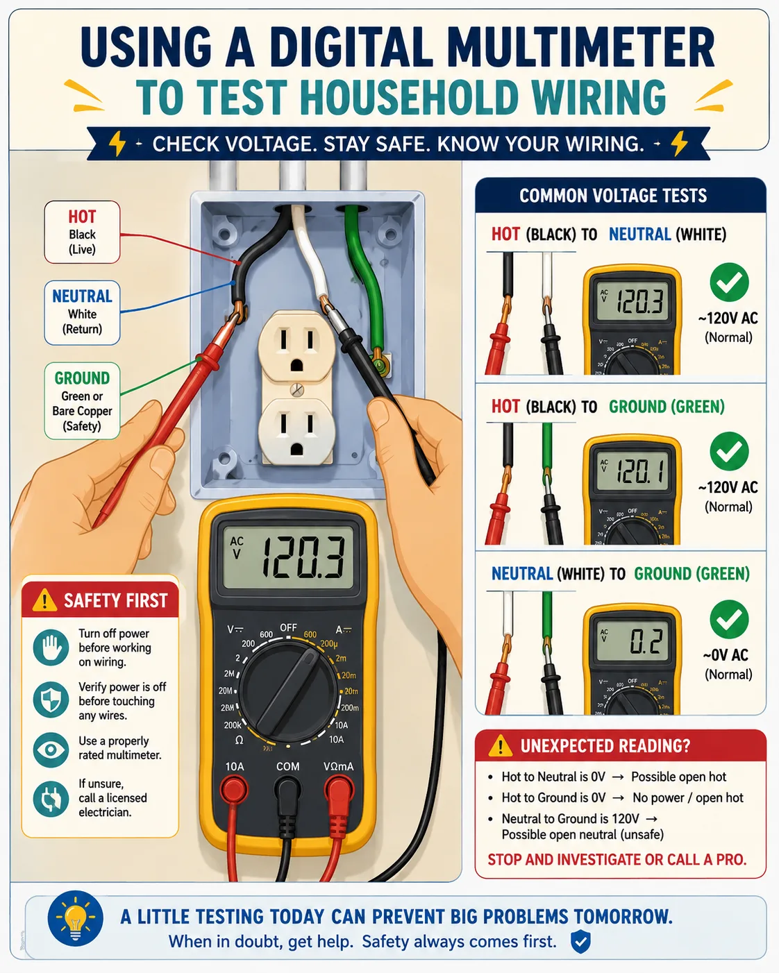 Digital multimeter probes testing hot neutral and ground wires with voltage readings