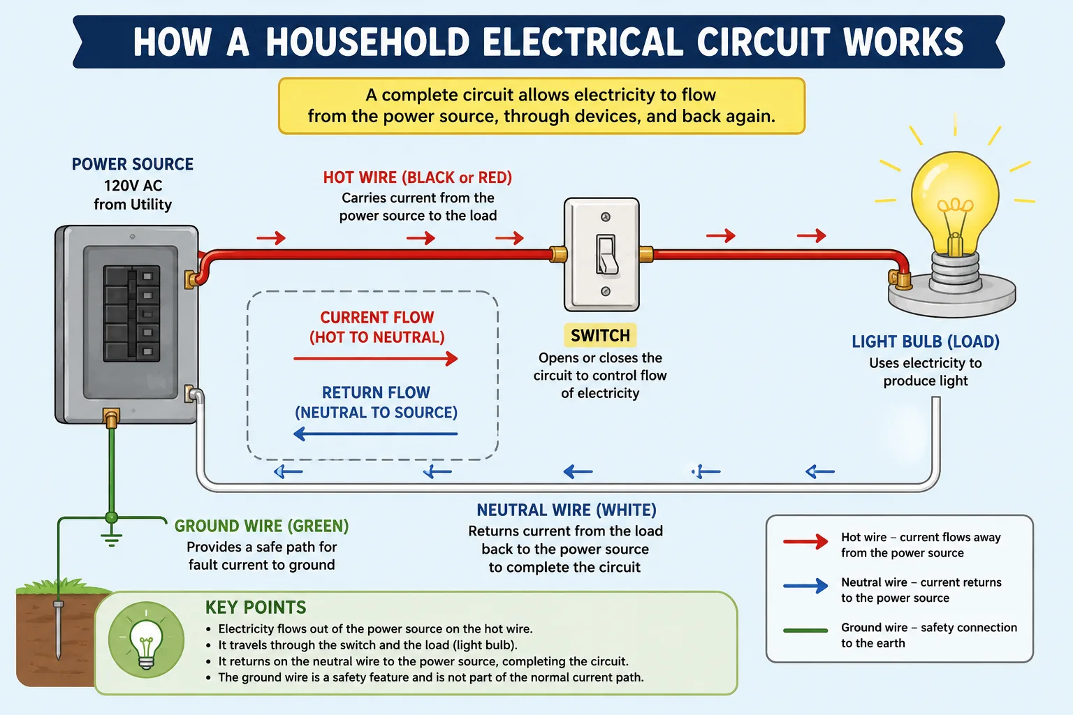 Neutral and hot wires completing a household electrical circuit
