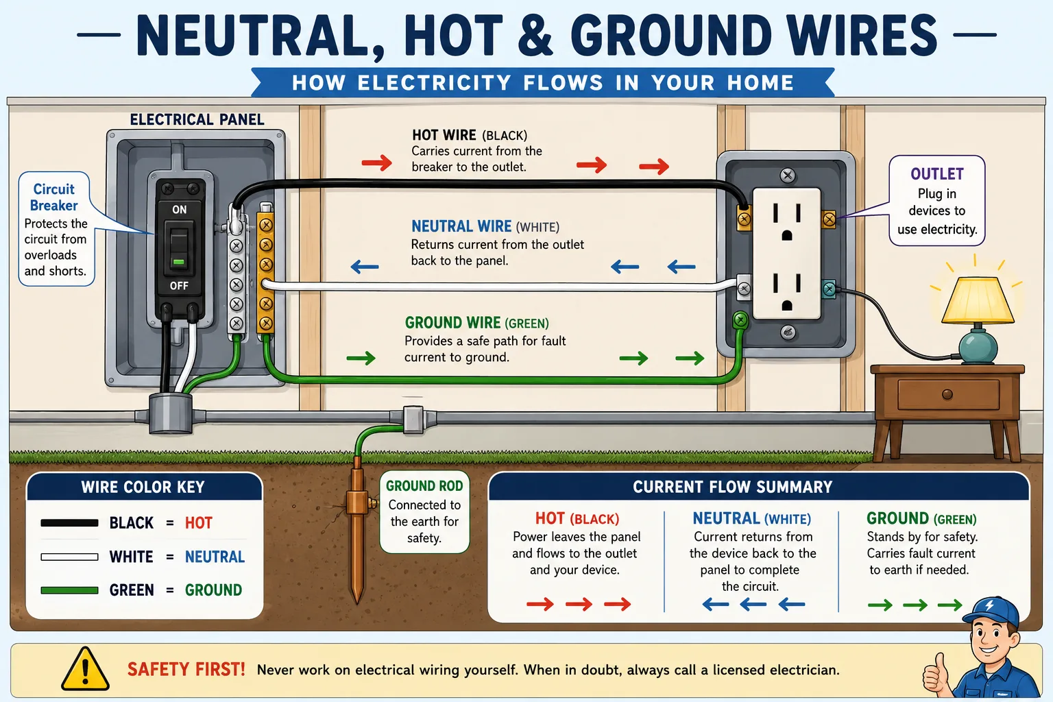 Illustrated comparison of neutral hot and ground wires in a home electrical circuit