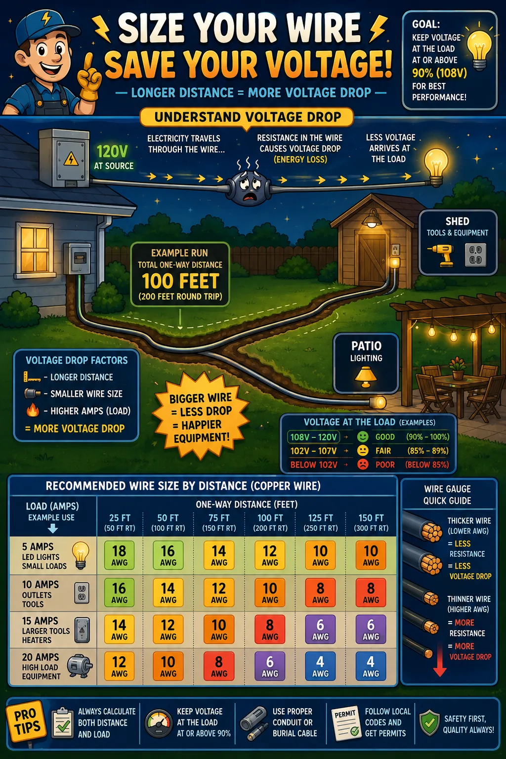 Educational illustration showing outdoor wire sizing and voltage drop across long underground cable runs