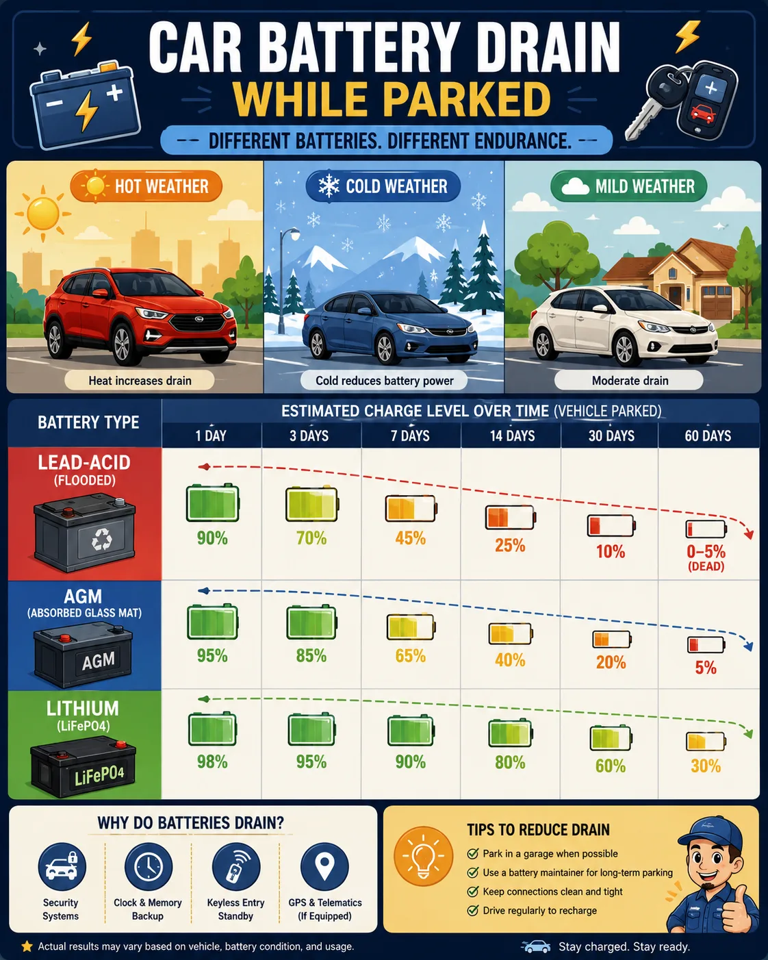 Illustrated comparison of car battery drain timelines while parked