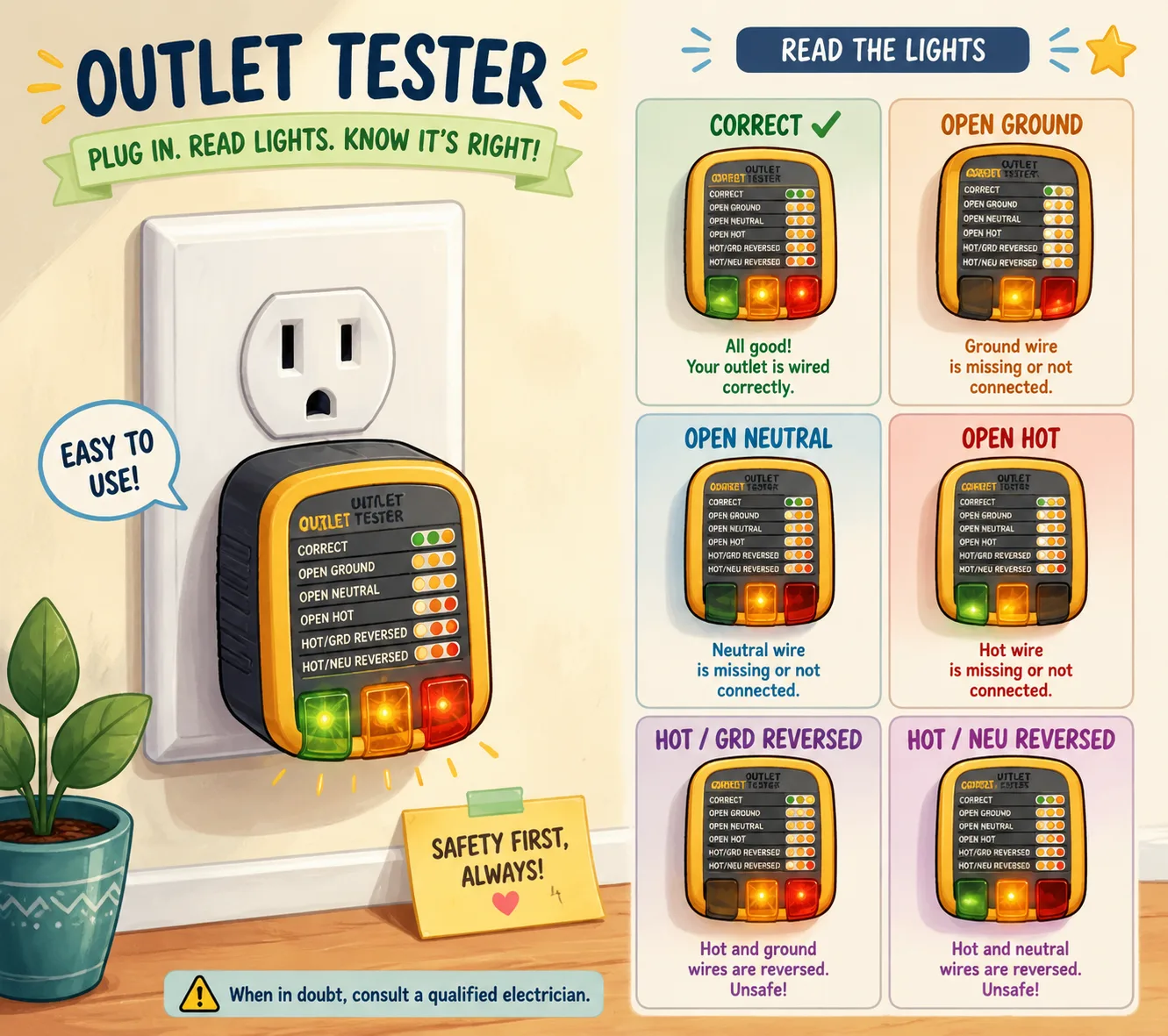 Cartoon showing a plug-in tester plugged into an outlet with indicator lights