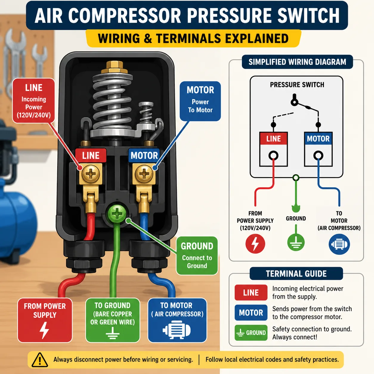 Flat vector illustration of air compressor pressure switch terminals and wiring connections