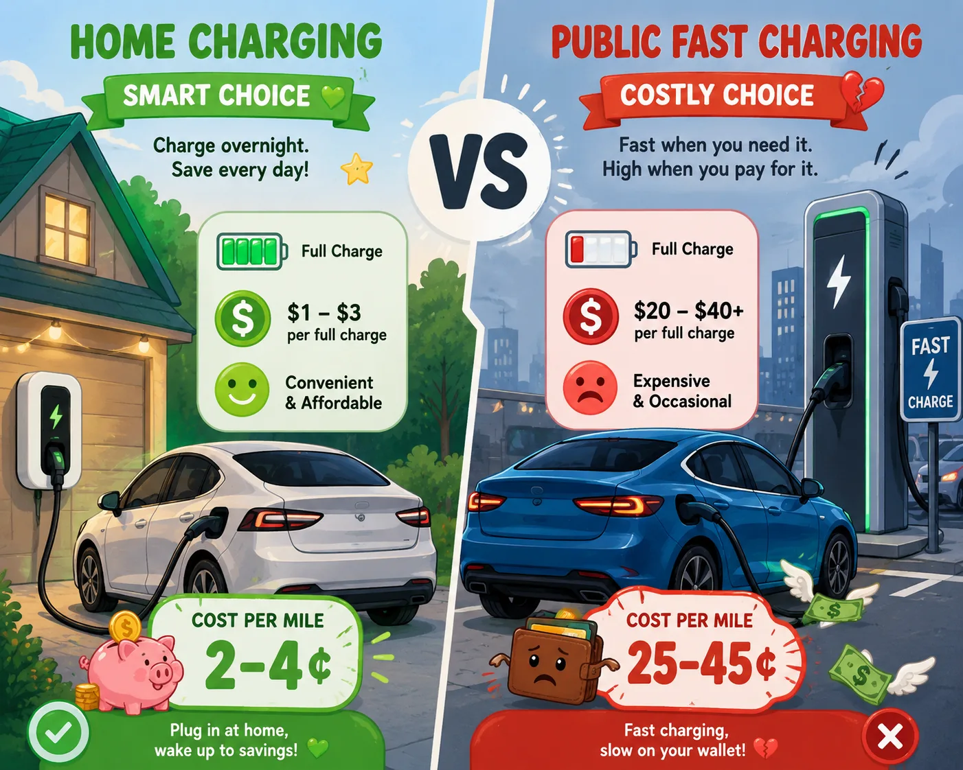 Cartoon comparison of home EV charging and public fast charging stations