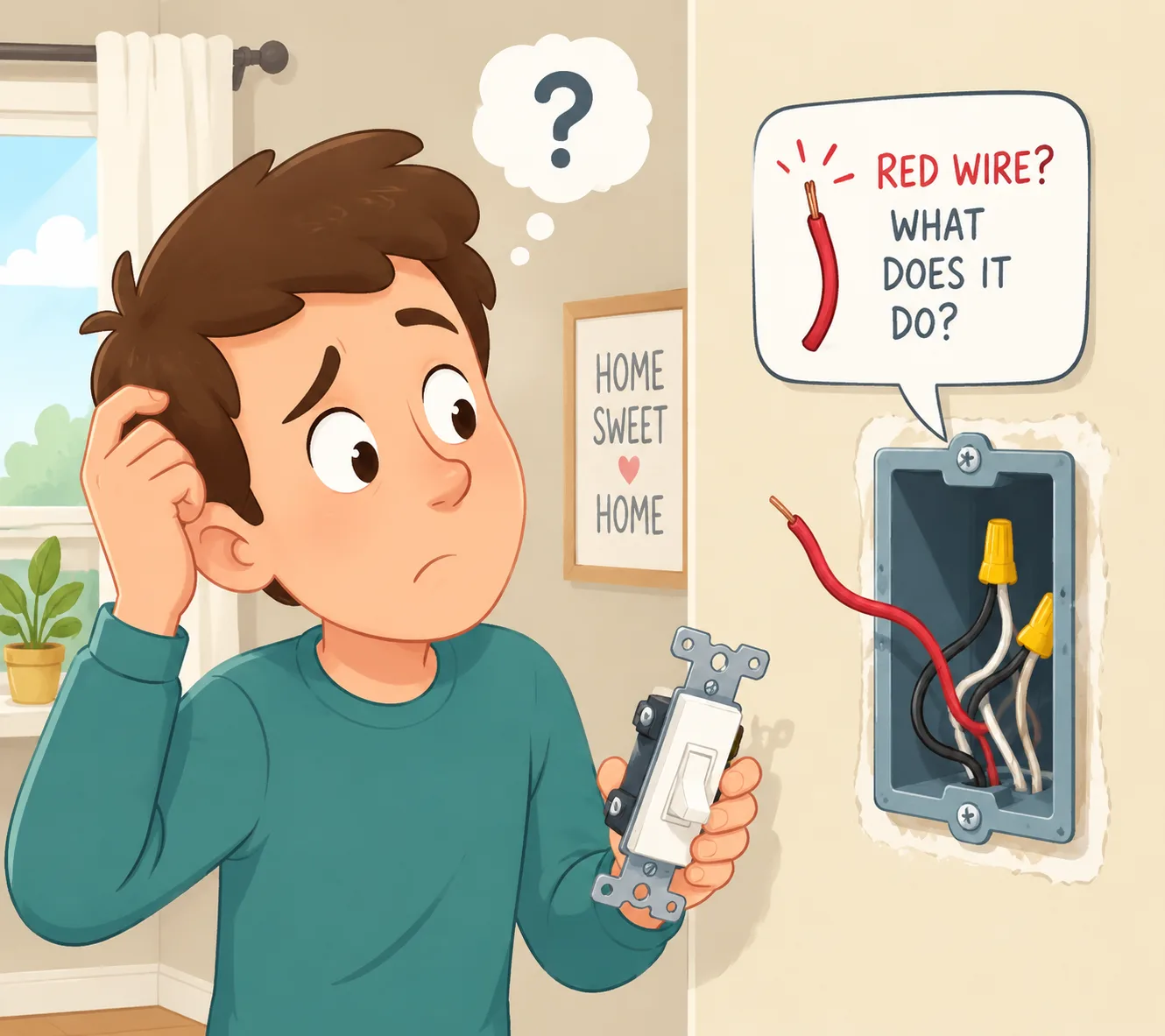 Confused homeowner looking at red wire in light switch box