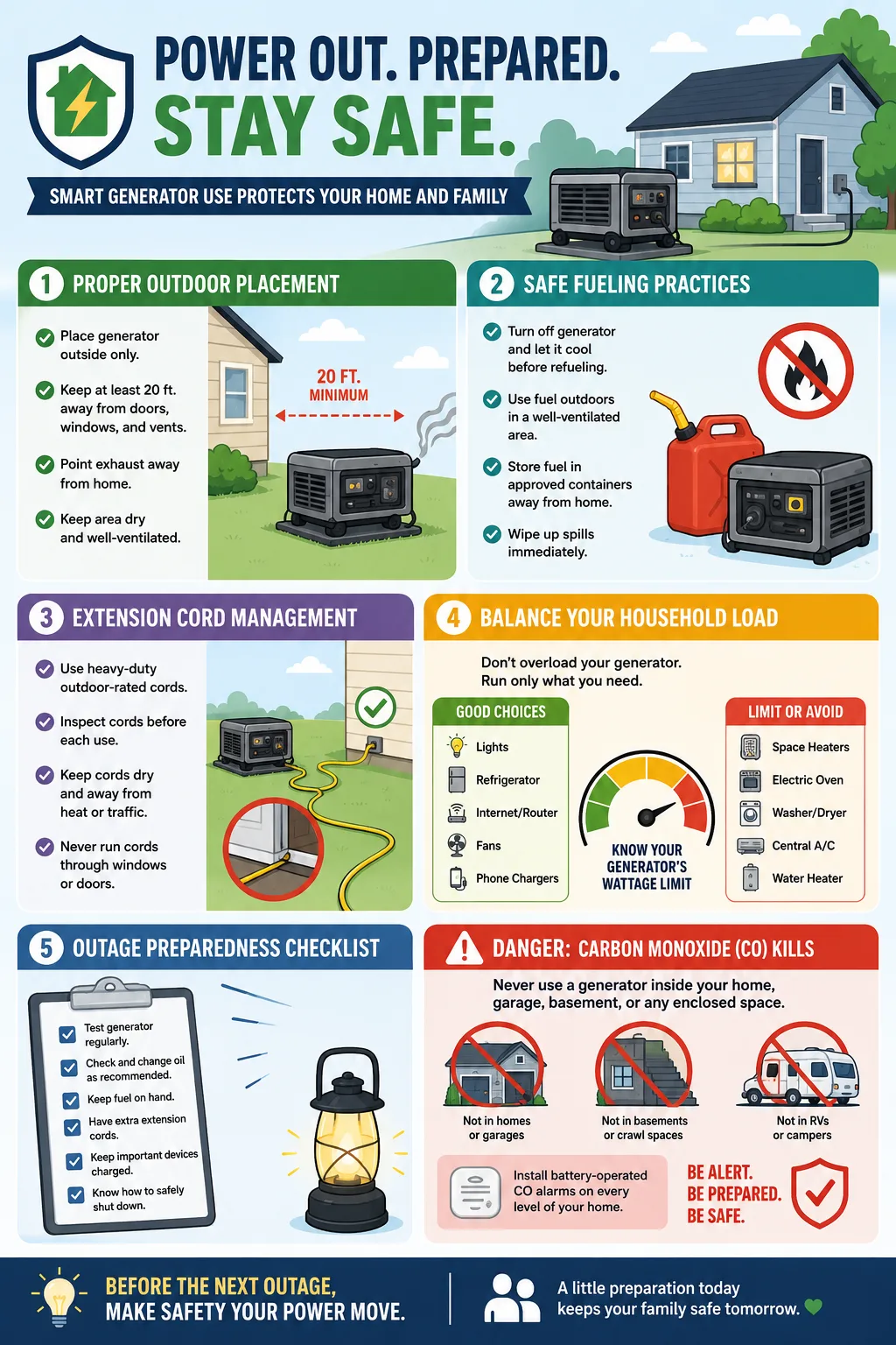 Safe generator placement fueling and power outage management