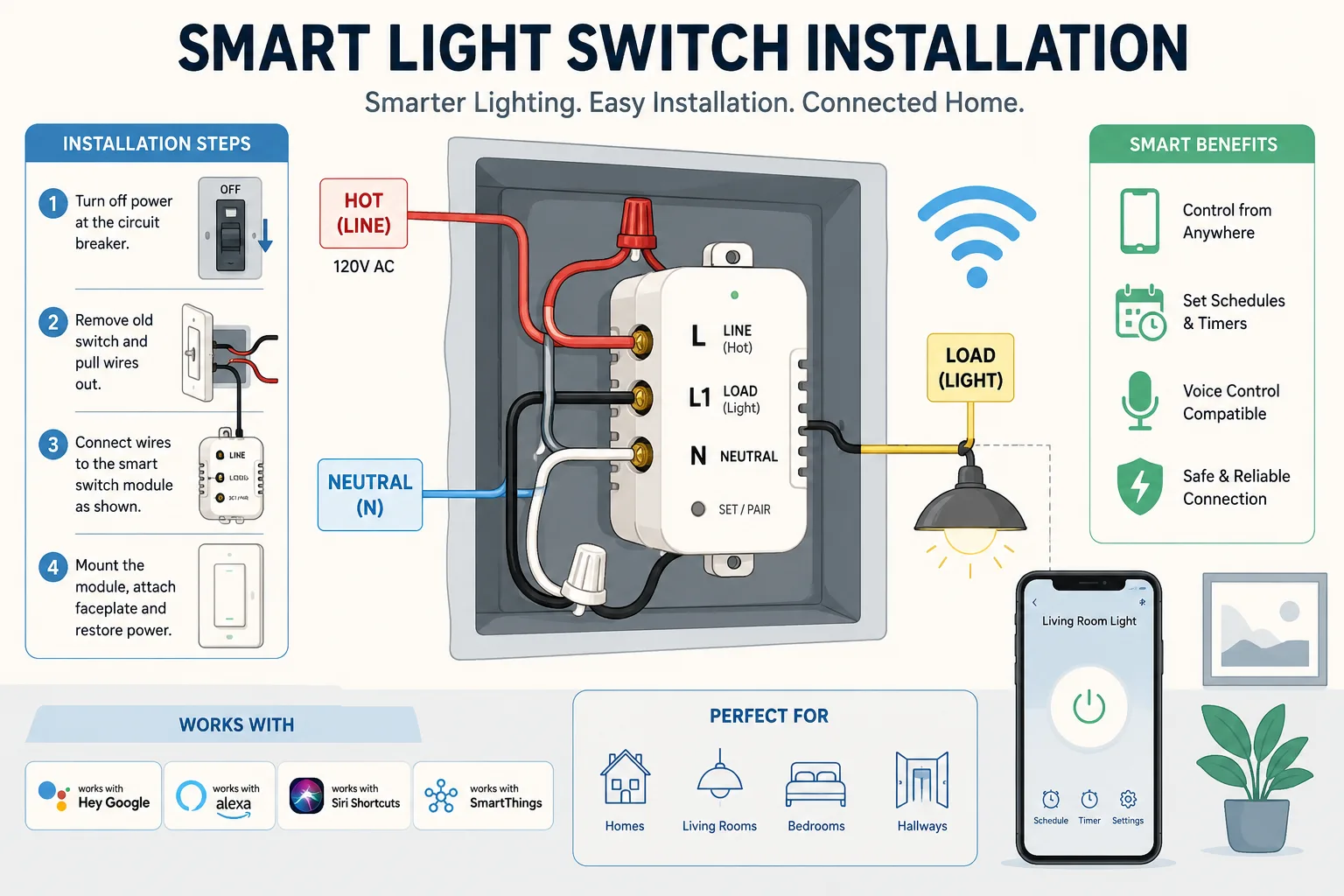 Smart switch connected with neutral wire inside electrical box
