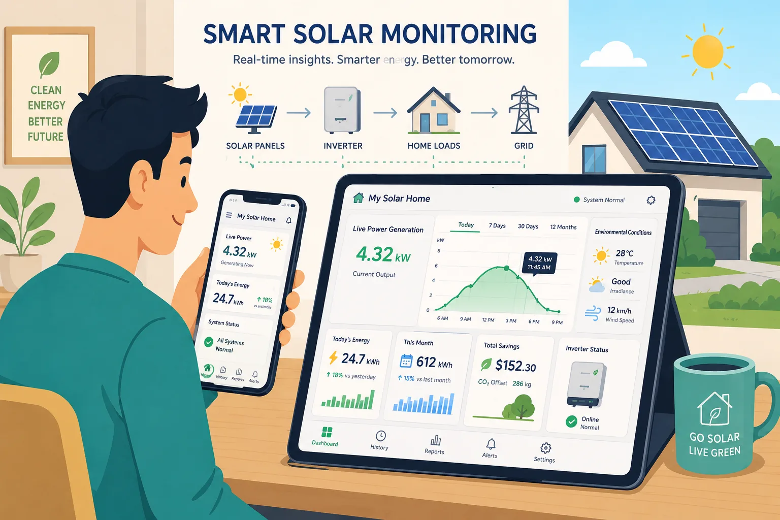 Homeowner viewing solar energy production dashboard on monitoring app