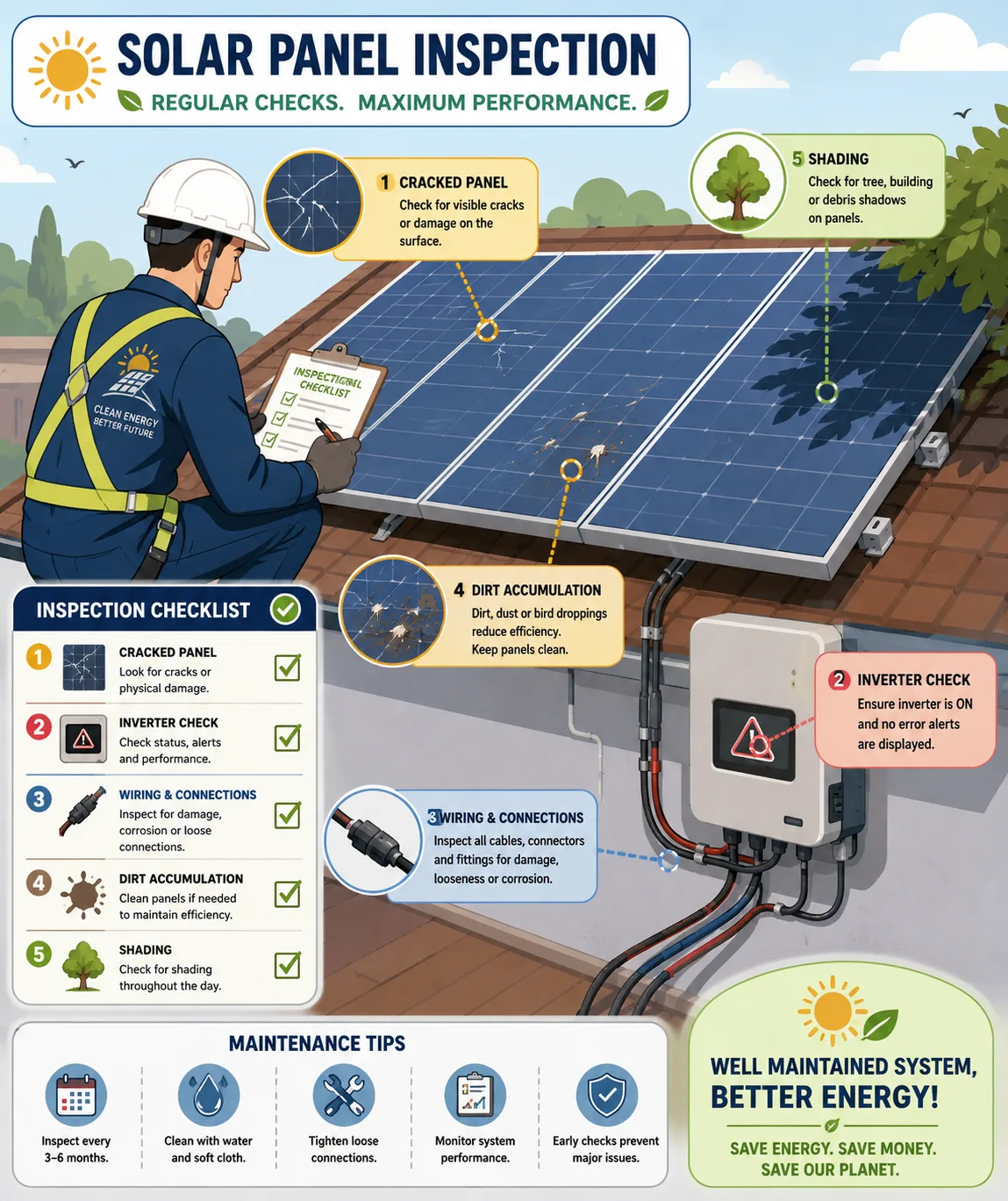 Technician inspecting solar panels and identifying performance warning signs