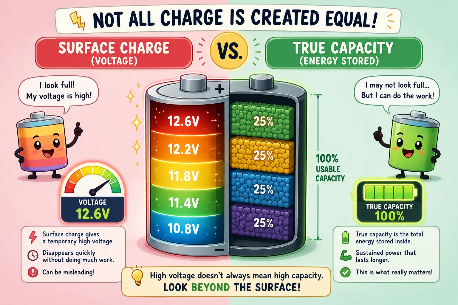Cartoon style comparison of surface charge versus true battery capacity using colorful battery layers and voltage indicators