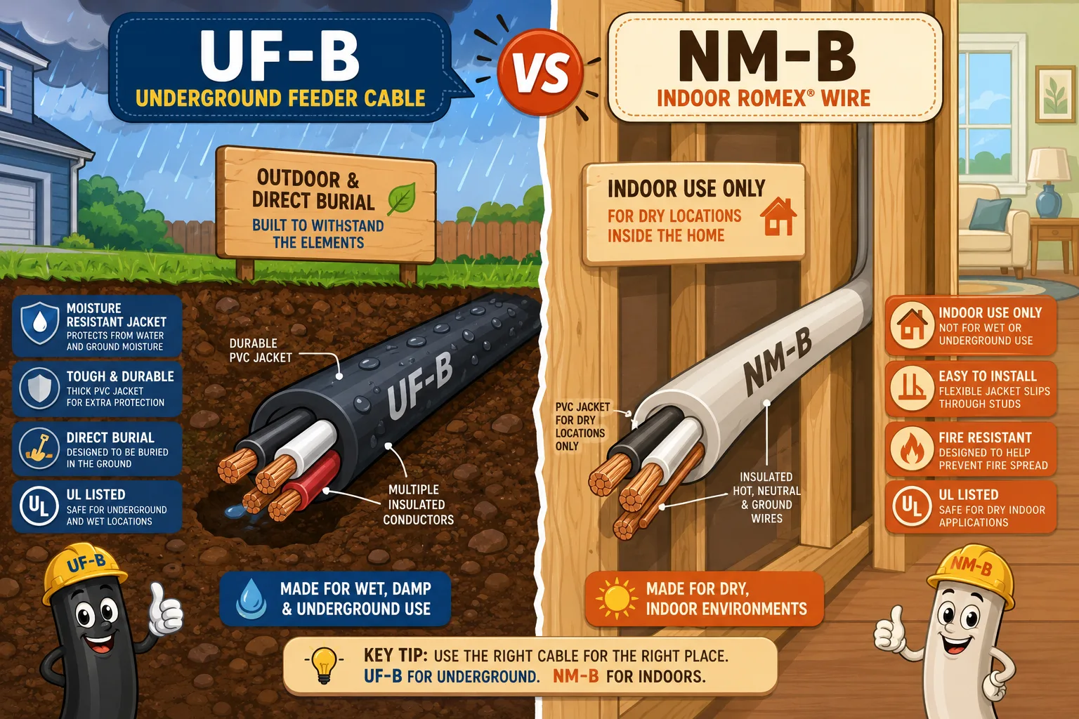 Illustrated comparison between UF-B underground cable and standard NM-B indoor wire