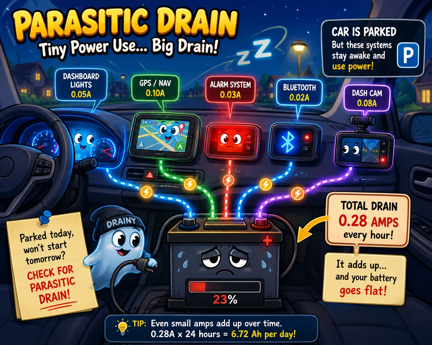Cartoon illustration of vehicle electronics draining a parked car battery