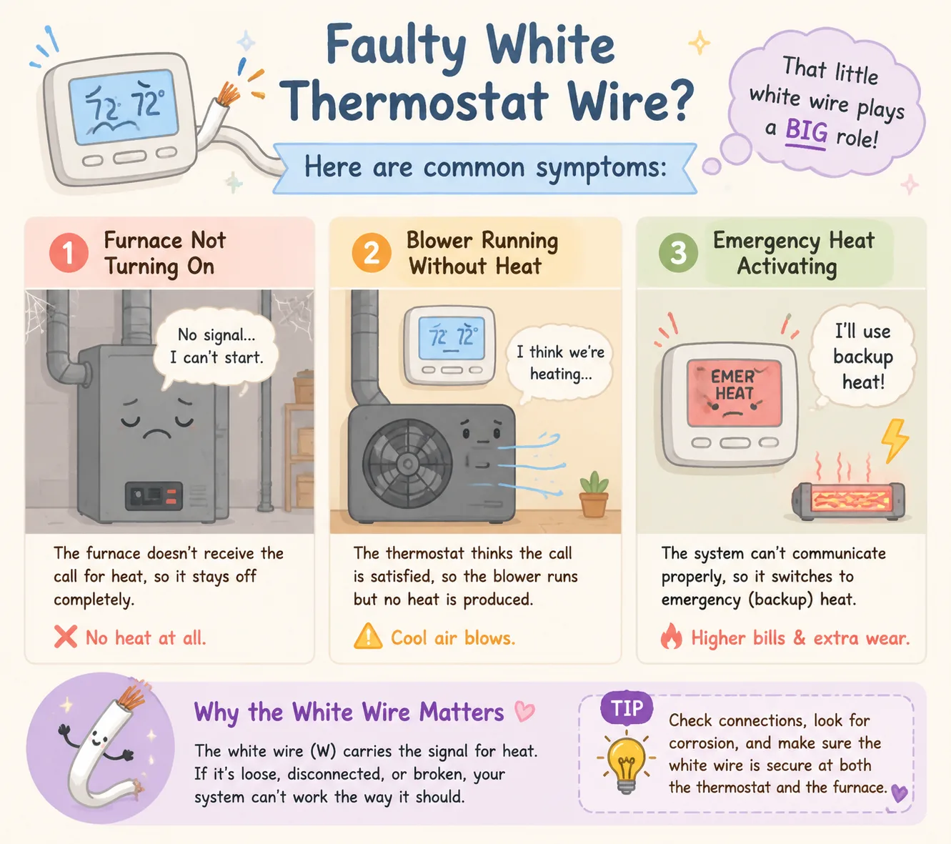 Illustration of symptoms caused by faulty white thermostat wire