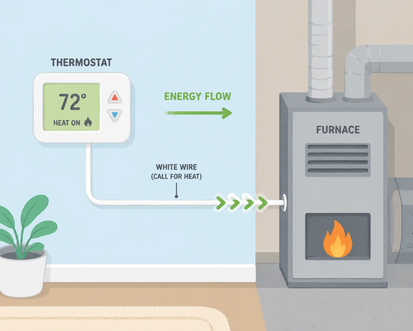 Cartoon of white wire bridging thermostat and furnace