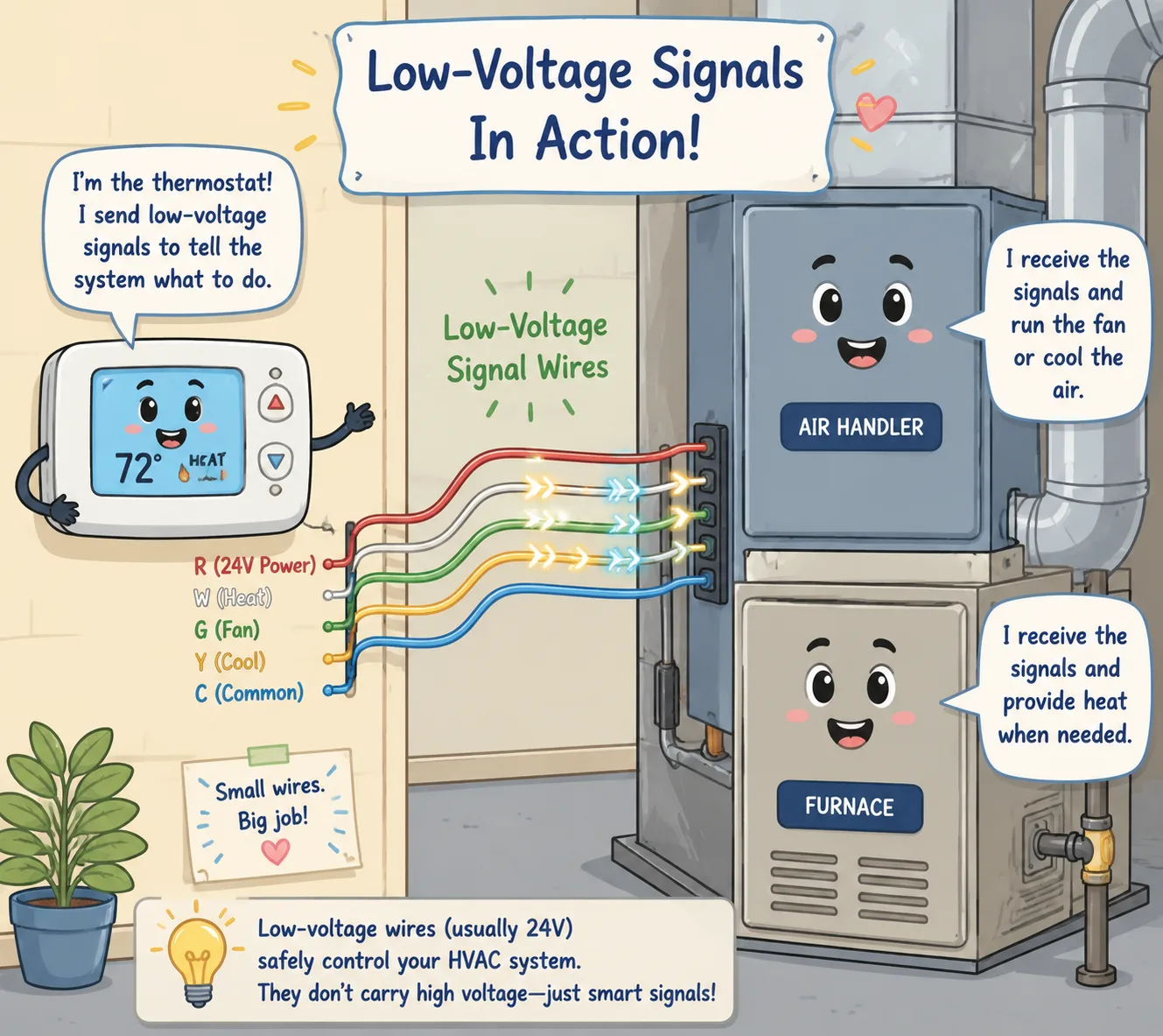 Illustration of a thermostat sending low-voltage signals to HVAC system