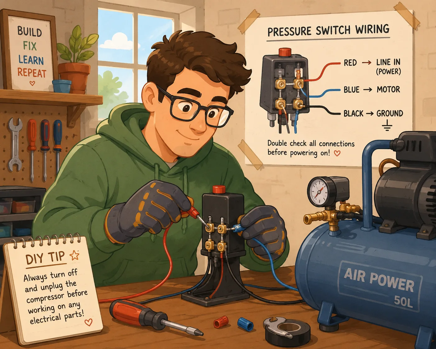 Soft digital painting of a DIY user wiring an air compressor pressure switch safely