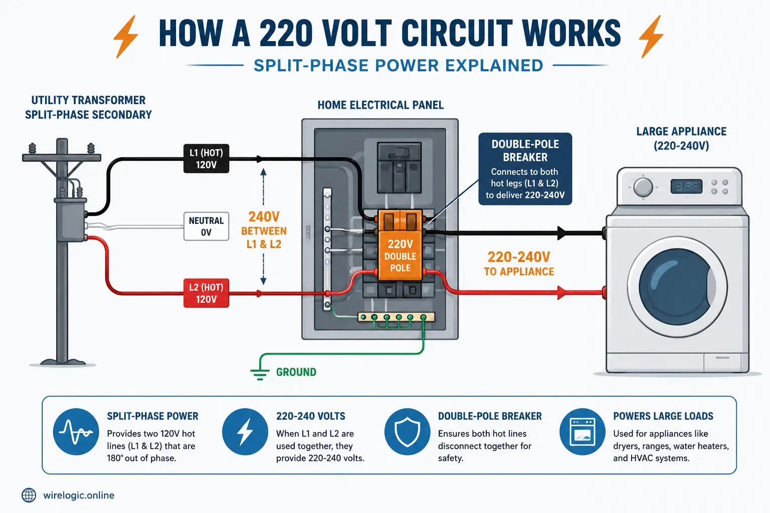 Illustrated overview of how a 220 volt electrical circuit works