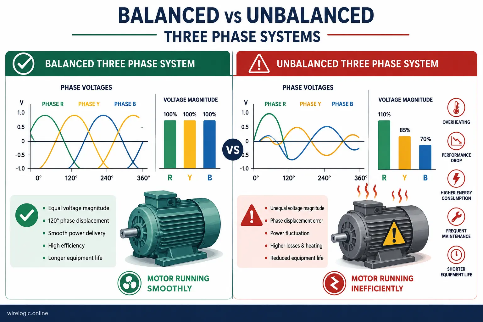 Illustration comparing balanced and unbalanced three phase voltage readings