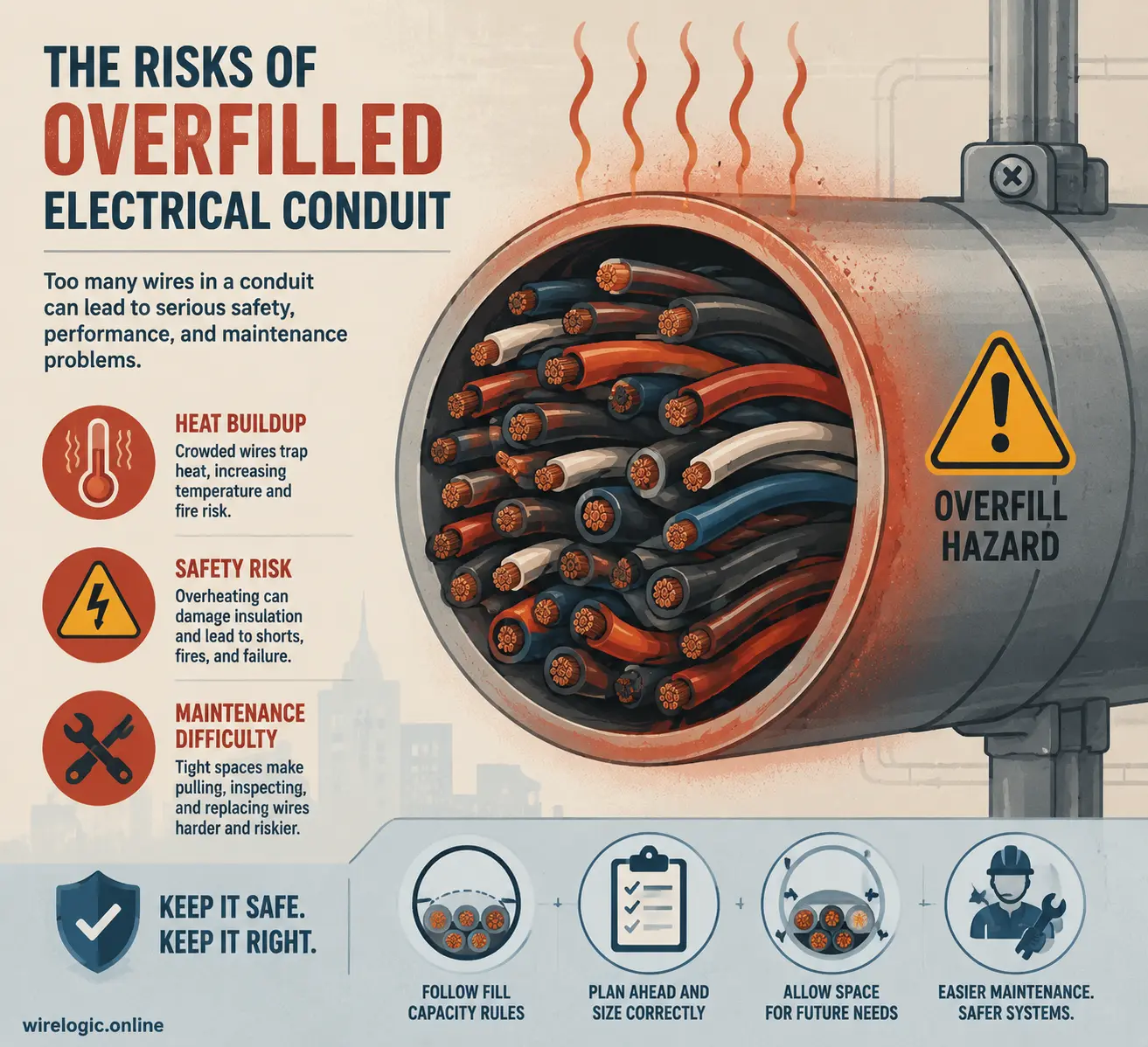 Flat design illustration showing risks of overfilled electrical conduit