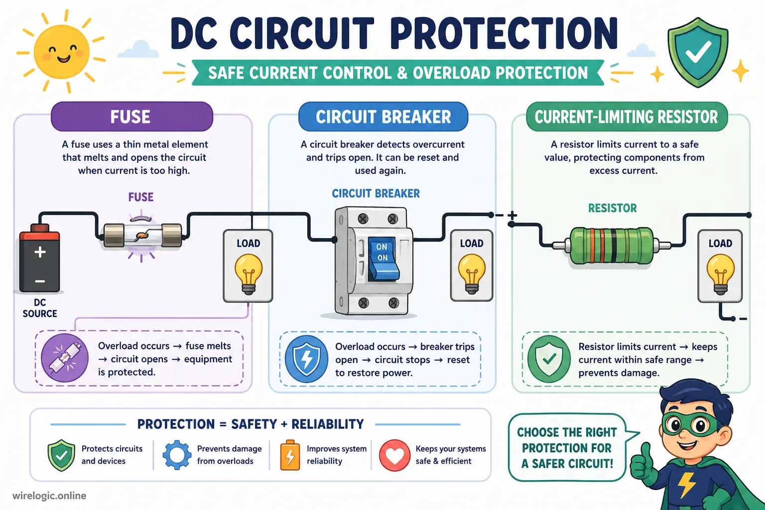 Stylized illustration of fuses circuit breakers and current limiting protection