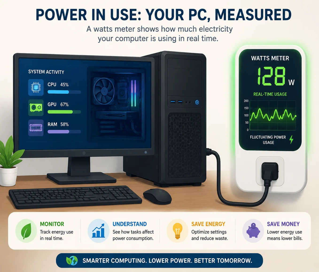 Illustration of watts meter connected to desktop PC showing power levels