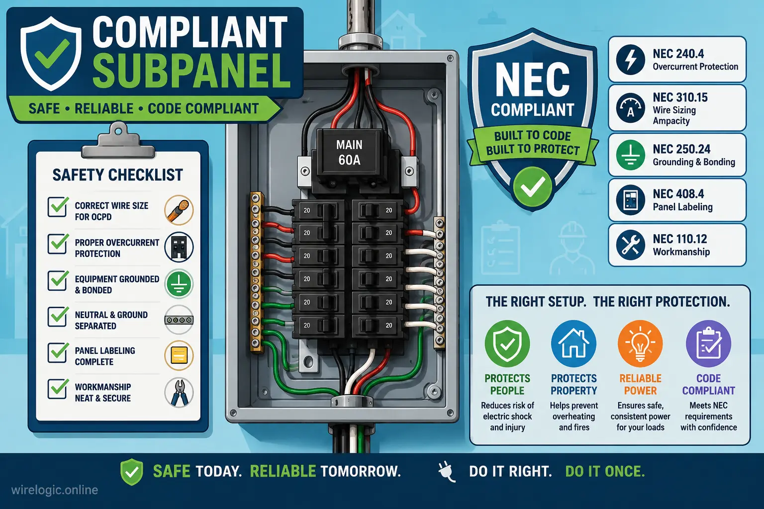 Friendly vector illustration of electrical code compliance for safe subpanel installation